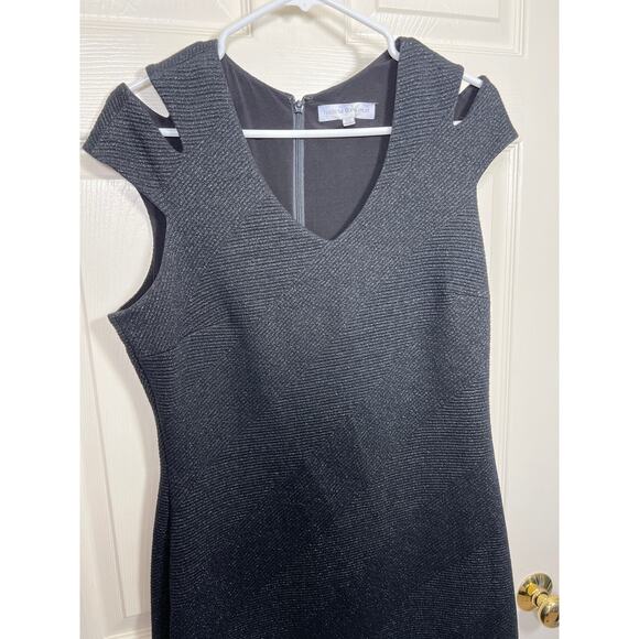 Dress the Population Bryce Midi Stretch Knit Black Metallic Dress Glam Curvy - Picture 3 of 11